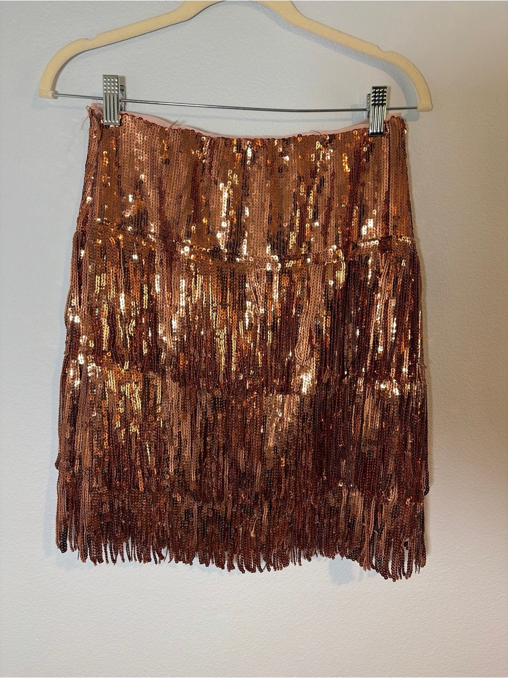 Maeve Anthropologie Mini Skirt 4 Copper Sequin Fringe Party Glam Glitz Holiday